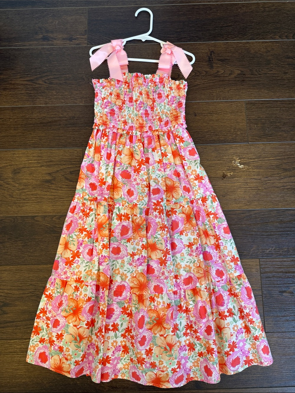 Rare Editions Pink & Orange Floral Smocked Sundress with Ribbon Straps